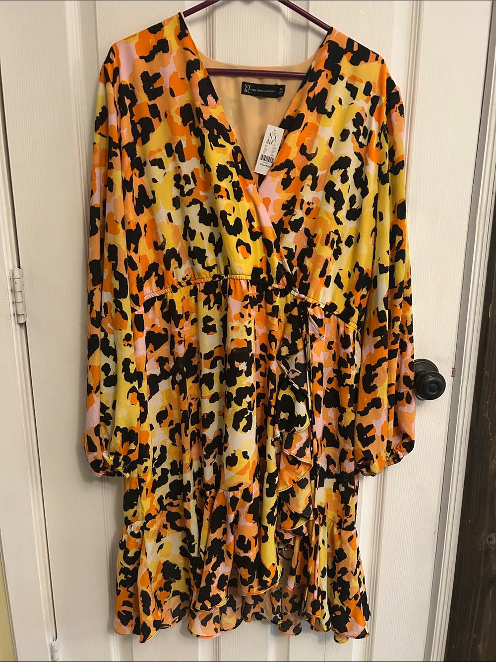 NWT NY&Co Animal Print Faux-Wrap Dress in Yellow, Orange & Black